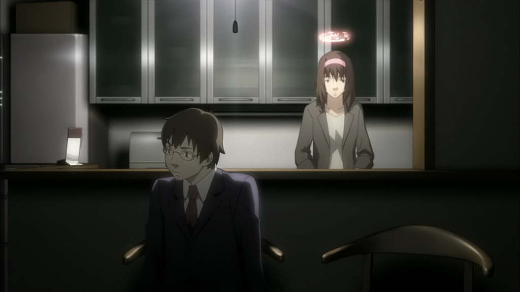 A boy in a high-school uniform sits in a dining-room chair. Behind him, a woman stands with an android's halo projected above her head.